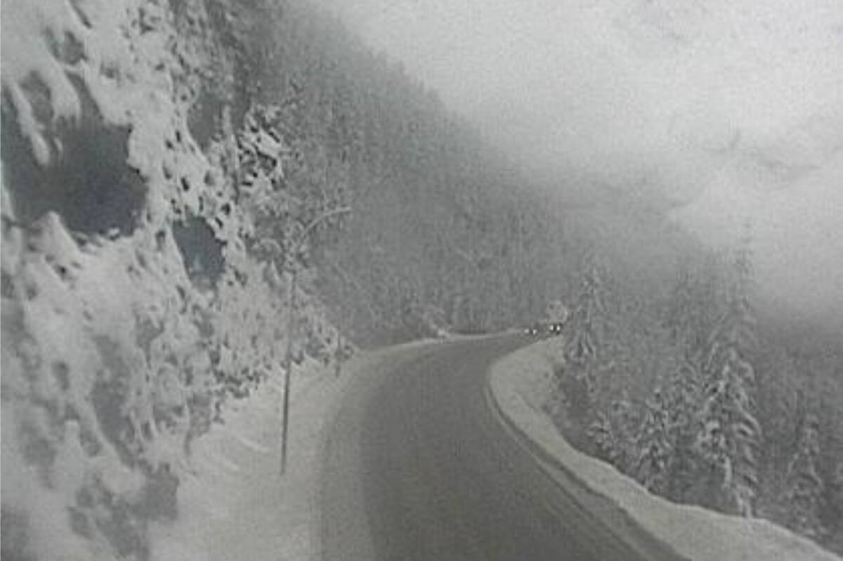 A Drive BC camera shows conditions on Highway 1 between Revelstoke and Golden on Dec. 5. The section of highway is being closed from 2 to 5 p.m. for avalanche control. (Drive BC)