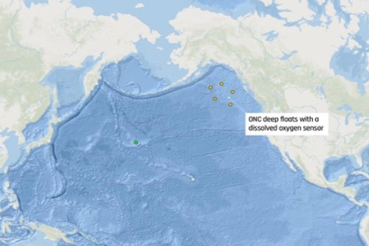 The positioning of Ocean Networks Canada’s five new autonomous deep-sea monitoring floats in the northeast Pacific. (Courtesy of the Argo Program)