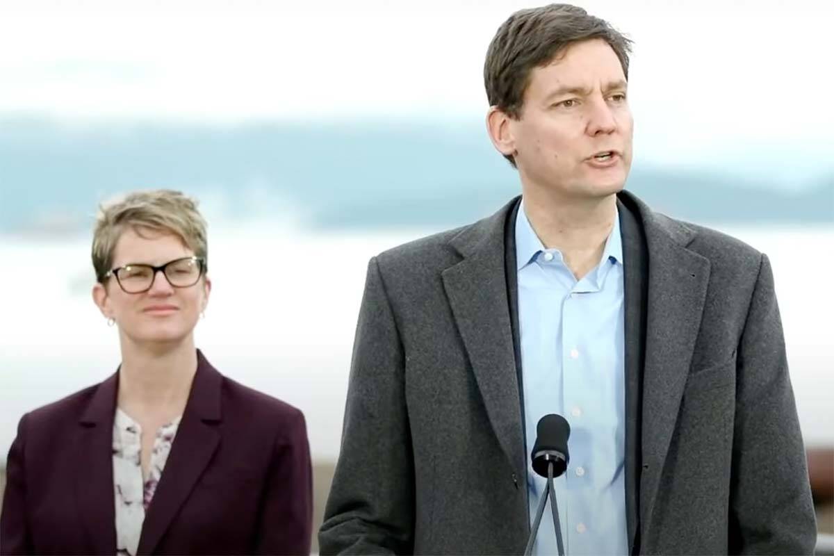 Premier David Eby, here seen with North Coast MLA Jennifer Rich, who also serves as a parliamentary secretary for rural health, said there is “too much to do to be playing politics right now” in confirming that the next provincial election will be held in October 2024. (Screencap)