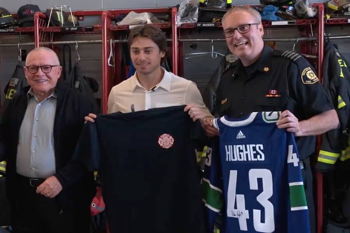 West Kelowna Fire Chief Jason Brolund (right) will be dropping the puck at the Vancouver Canucks game at Rogers Arena on Thursday, Dec. 7. (Vancouver Canucks/X)