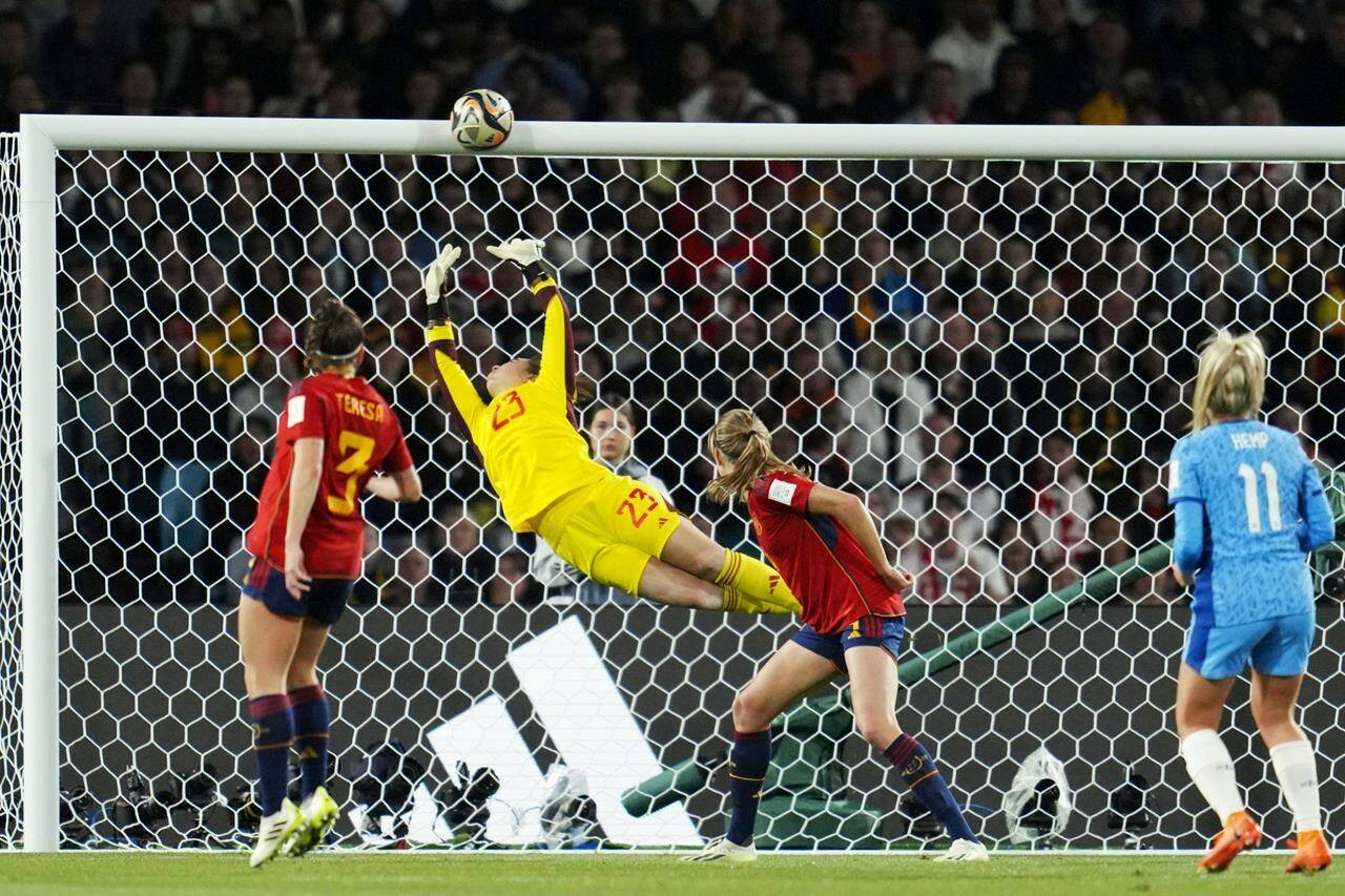 FILE - A shot from England’s Lauren Hemp, right, hits the crossbar during the Women’s World Cup soccer final between Spain and England at Stadium Australia in Sydney, Australia, Sunday, Aug. 20, 2023. The U.S. Soccer Federation and Mexico Football Federation submitted a joint bid to host the 2027 Women’s World Cup, competing against an expected proposal from Brazil and a joint Germany-Netherlands-Belgium plan. (AP Photo/Abbie Parr, File)