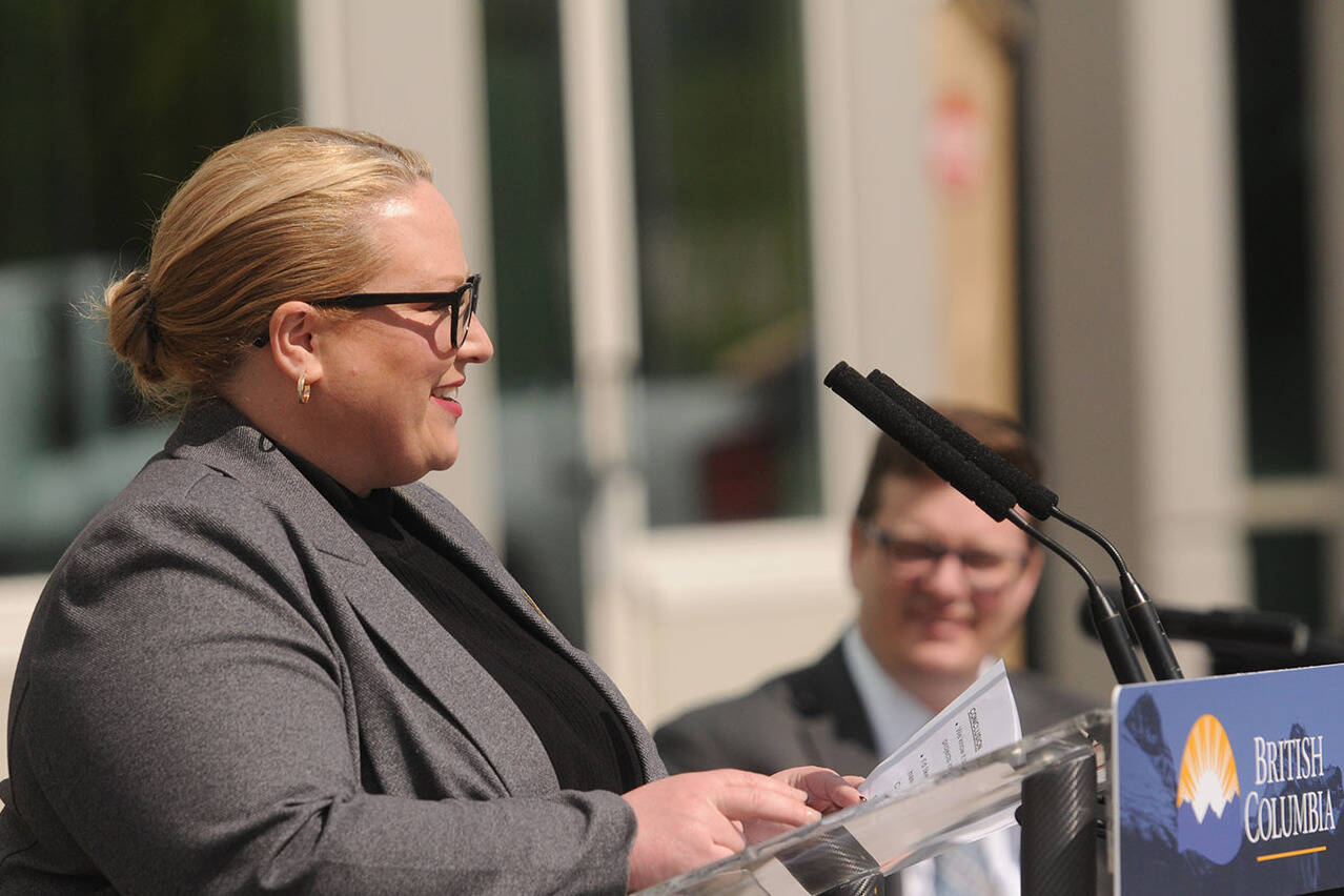 In this May 13, 2022 file photo, MLA Kelli Paddon speaks during the ribbon cutting ceremony of the new Primary Care Centre in Chilliwack. On Dec. 10, 2023, the Parliamentary Secretary for Gender Equity presented B.C.’s action plan on gender-based violence. (Jenna Hauck/ Black Press Media)