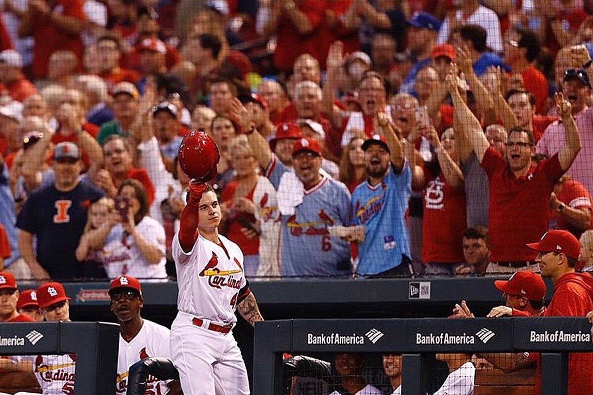 Tyler O’Neill tips his hat to the cheering St. Louis Cardinals crowd after hitting a home run. (Contributed)