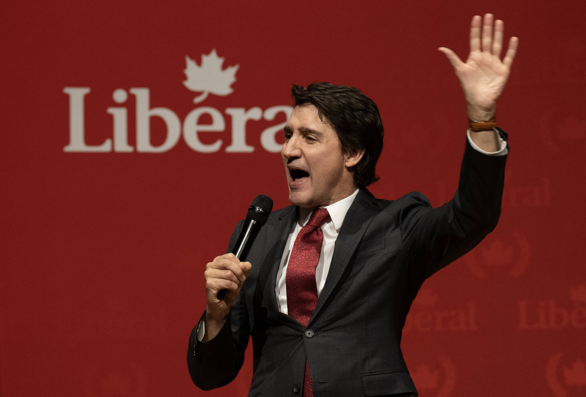 Liberal Party Leader Justin Trudeau waves to supporters as he speaks at a Liberal fundraiser, in Gatineau, Que., Monday, Dec. 11, 2023. THE CANADIAN PRESS/Adrian Wyld