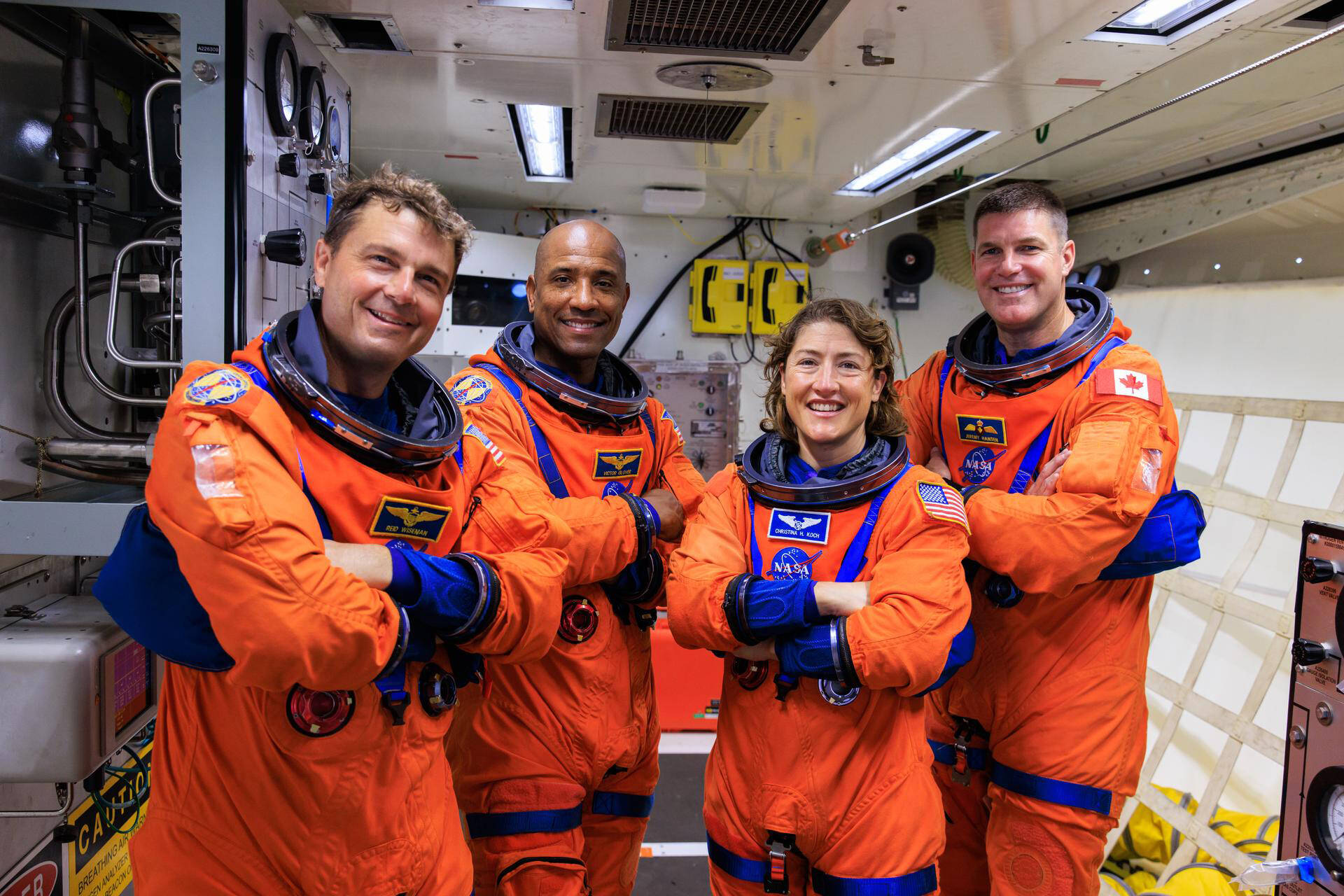 This photo provided by NASA shows, from left, Reid Wiseman, Victor Glover, and Christina Koch, and CSA (Canadian Space Agency) astronaut Jeremy Hansen during a test at Kennedy Space Center in Florida on Wednesday, Sept. 20, 2023. NASA kicked off 2023 by introducing the four astronauts who are slated to fly around the moon in late 2024. The second crew, still unidentified, will actually land. (NASA via AP)