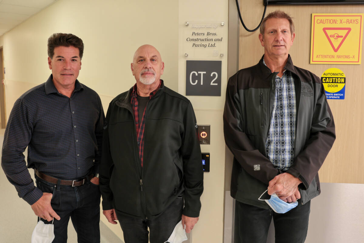 Pictured: Peter Bros.’s Peter Weeber – general manager, Joe Cuzzocrea - President, and Rick Selles - Vice President outside of the new CT Scan department and Penticton Regional Hospital. (SOS Medical Foundation)