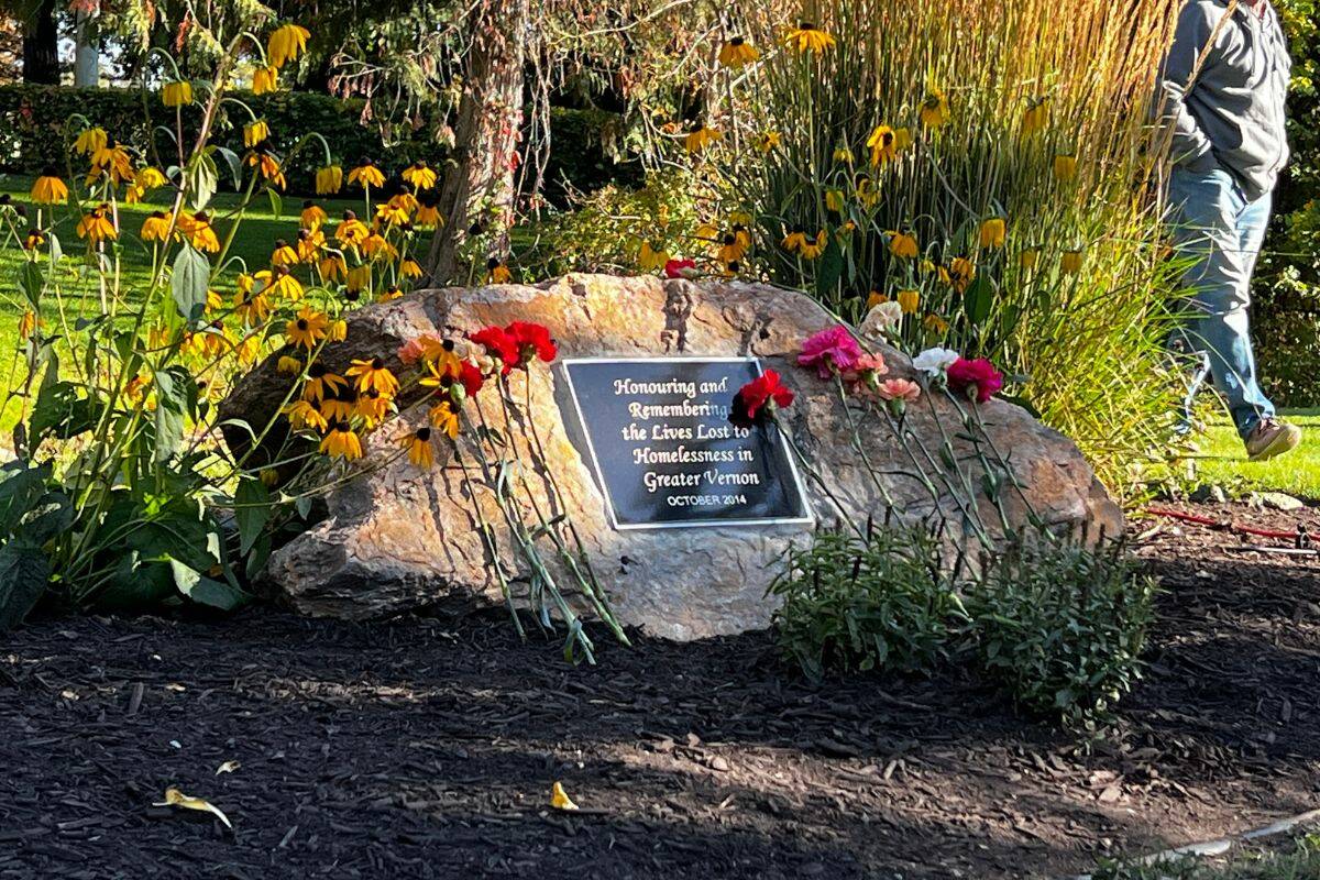 The Greater Vernon Homeless Memorial at Polson Park commemorates those lost to the homelessness and drug epidemic. It will be moving to a new spot in 2024. (Bowen Assman- Morning Star)