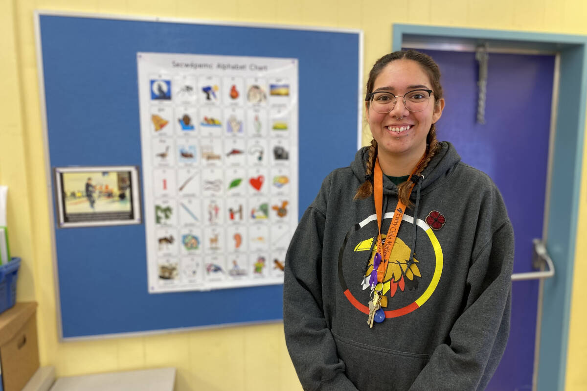 Danikka Murphy stands in her classroom at École Nesika Elementary where she teaches Secwepemctsín to students. Nov. 2023. (Kim Kimberlin photo - Williams Lake Tribune)