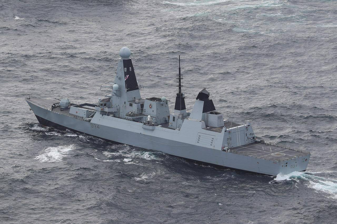 In this photo provided by the Ministry of Defence on Saturday, Dec. 16, 2023, a view of the HMS Diamond off the coast of Scotland, Oct. 4, 2020. A Royal Navy warship has shot down a suspected attack drone targeting commercial ships in the Red Sea, Britain’s defense secretary said Saturday, Dec. 16, 2023. Grant Shapps said that HMS Diamond fired a Sea Viper missile and destroyed a drone that was “targeting merchant shipping.” (LPhot Belinda Alker/Ministry of Defence via AP)