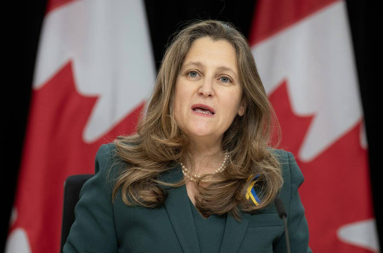 Finance Minister Chrystia Freeland is hosting her annual meeting of federal, provincial and territorial finance ministers in Toronto today. Freeland speaks during a weekly news conference in Ottawa, Tuesday, Dec. 12, 2023. THE CANADIAN PRESS/Adrian Wyld