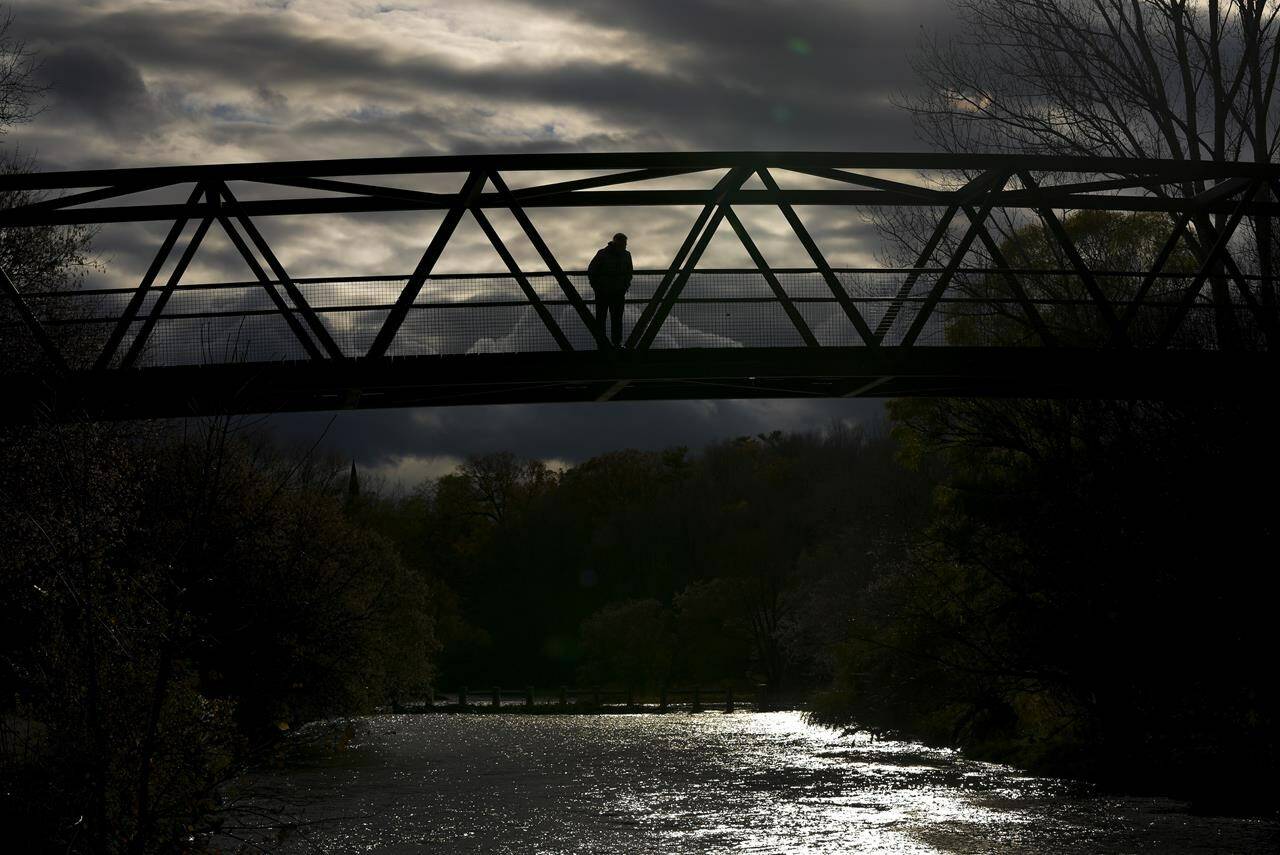 The number of older people who are being reported missing in Canada is raising an alarm bell for advocates, who say the problem will only grow as the population ages. A person walks across a pedestrian bridge over the Credit River in Mississauga, Ont., on Nov. 15, 2021. THE CANADIAN PRESS/Nathan Denette