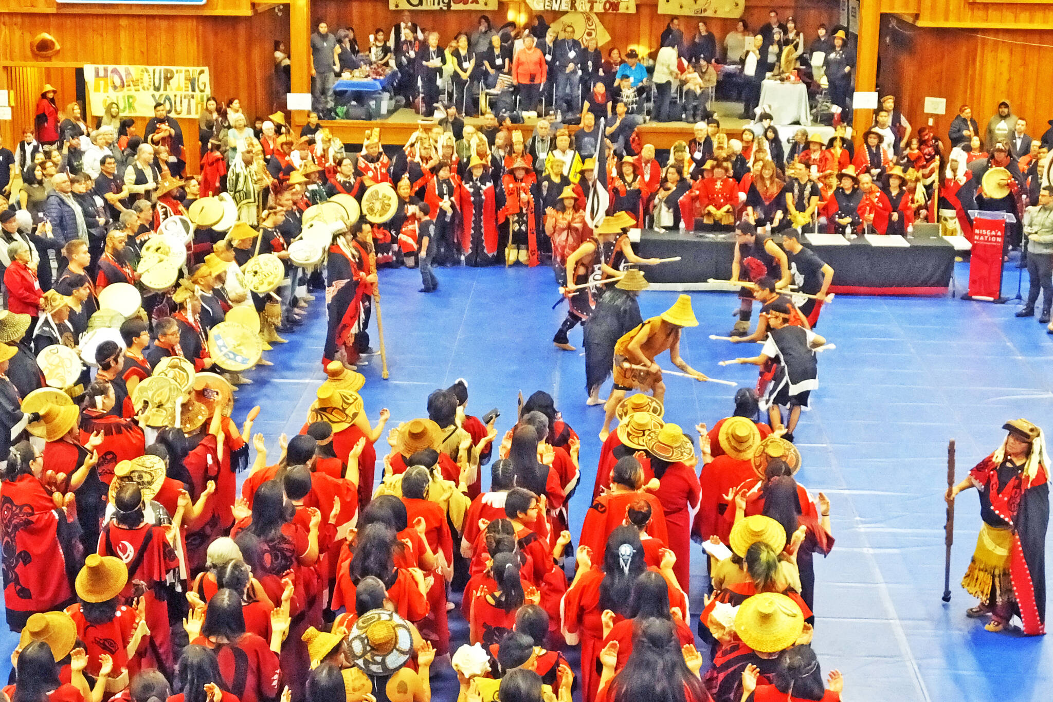 Nisga'a cultural dancers put on a powerful show for their Tahltan visitors Feb. 22 in Gingolx during Hobiyee celebrations. The two governments signed an alliance agreement at the end of the ceremonies. (Chris Gareau photo)