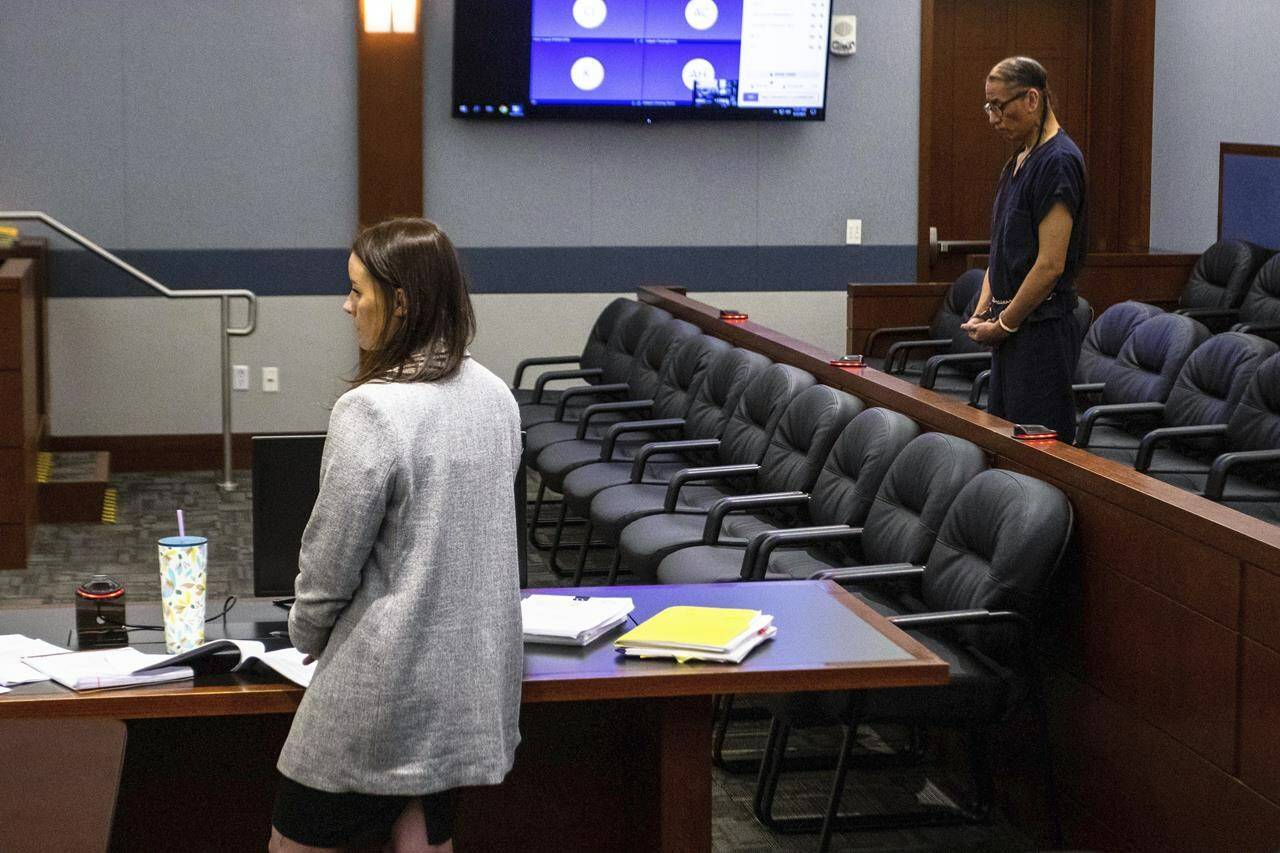 FILE - Clark County public defender Kristy Holston, left, and Nathan Chasing Horse stand during a court hearing Wednesday, April 5, 2023, in Las Vegas. The Nevada Supreme Court has denied Nathan Chasing Horse’s request to toss a sprawling indictment that accuses the former “Dances With Wolves” actor of leading a cult, taking underage wives and sexually abusing Indigenous women and girls for decades. (AP Photo/Ty O’Neil, File)