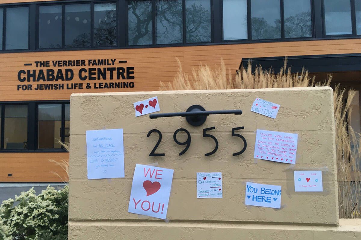 In 2021, after staff at the Chabad Centre for Jewish Life and Learning discovered antisemitic graffiti, notes of love appeared instead. (Black Press Media file photo)