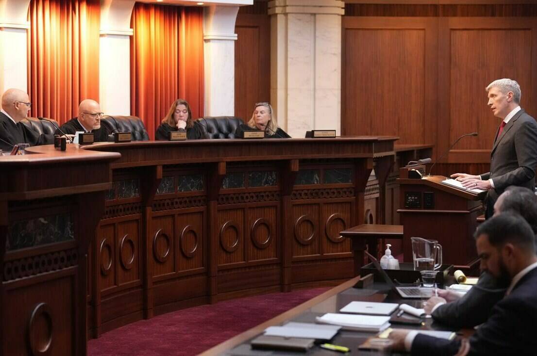 FILE - Attorney Eric Olson, far right, argues before the Colorado Supreme Court on Wednesday, Dec. 6, 2023, in Denver. Colorado Supreme Court justices have sharply questioned whether they could exclude former President Donald Trump from the state’s 2024 ballot. (AP Photo/David Zalubowski, Pool)