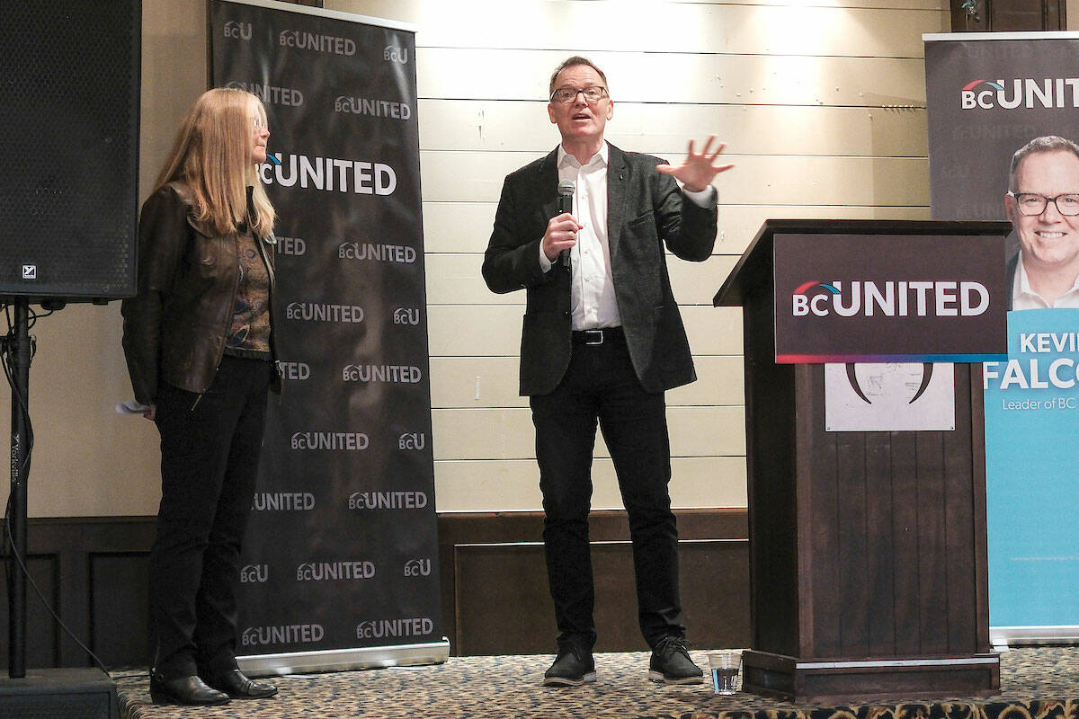 BC United Leader Kevin Falcon, here seen announcing Karen Long as the party’s candidate in Langley-Abbotsford, said he doesn’t sweat polls showing the party behind the Conservative Party of BC. (Special to Langley Advance Times)