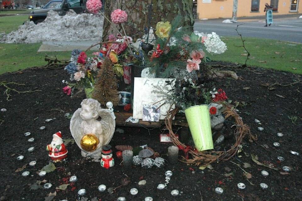 Charges are being considered in the deaths of Nellie Williams and Fran Shurie, who were murdered in Duncan on Christmas Eve, 2019. Pictured is a memorial, located near Trunk Road and Canada Avenue where the crime occurred, that was set up shortly after the murders. (Citizen file photo)