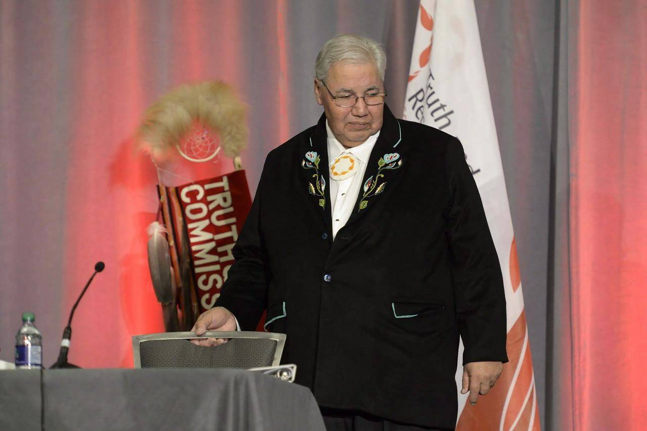 Justice Murray Sinclair takes his seat at the release of the Final Report of the Truth and Reconciliation Commission of Canada on the history of Canada’s residential school system, in Ottawa on Tuesday, Dec. 15, 2015. Canada won’t complete all 94 of the Truth and Reconciliation Commissions calls to action until 2081, a new report from the Yellowhead Institute says.THE CANADIAN PRESS/Adrian Wyld