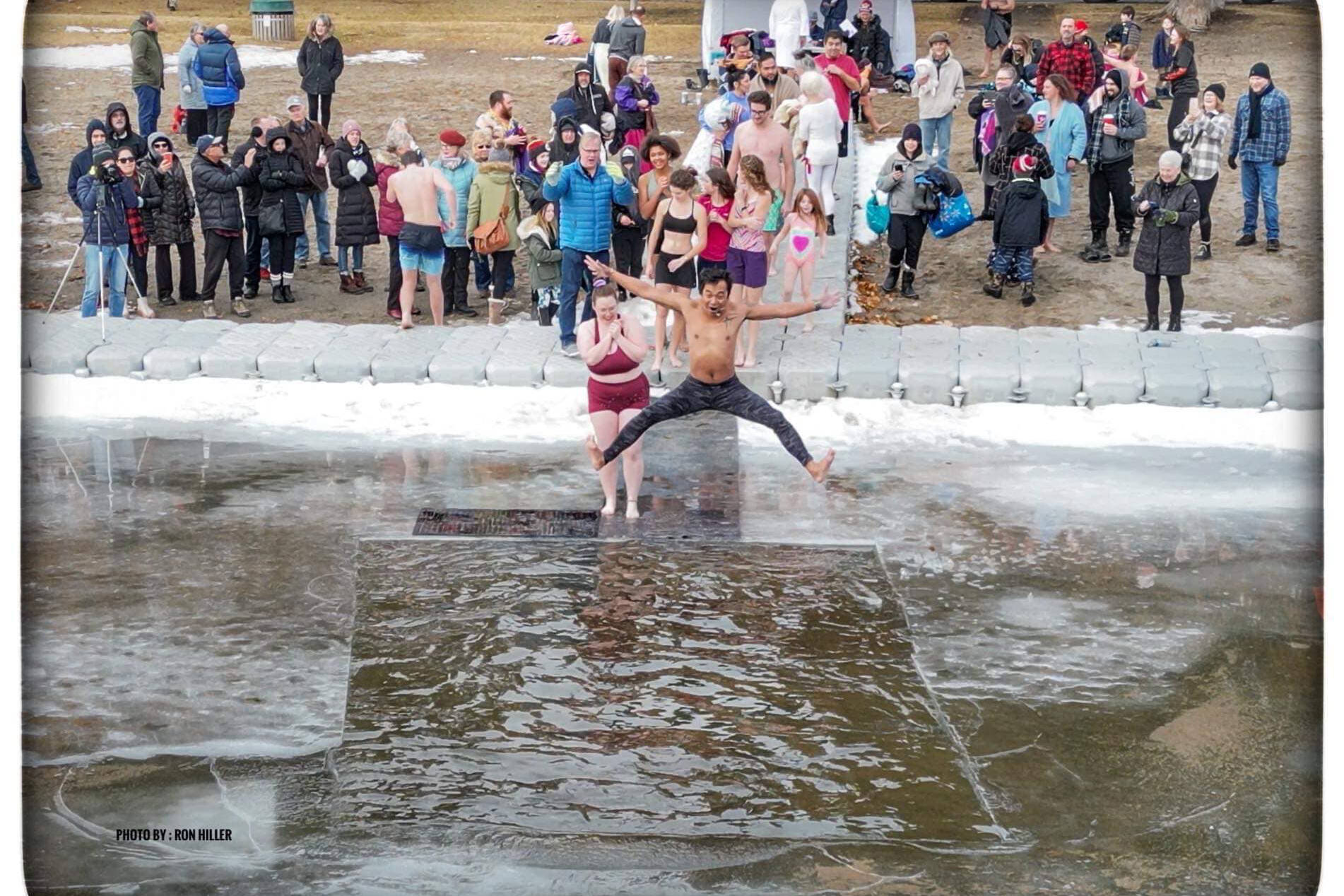 It was so cold in Osoyoos on New Year’s Day 2023, that they had to break the ice to do the polar bear plunge. This year is at Gyro Park at noon. (Ron Hiller photo)