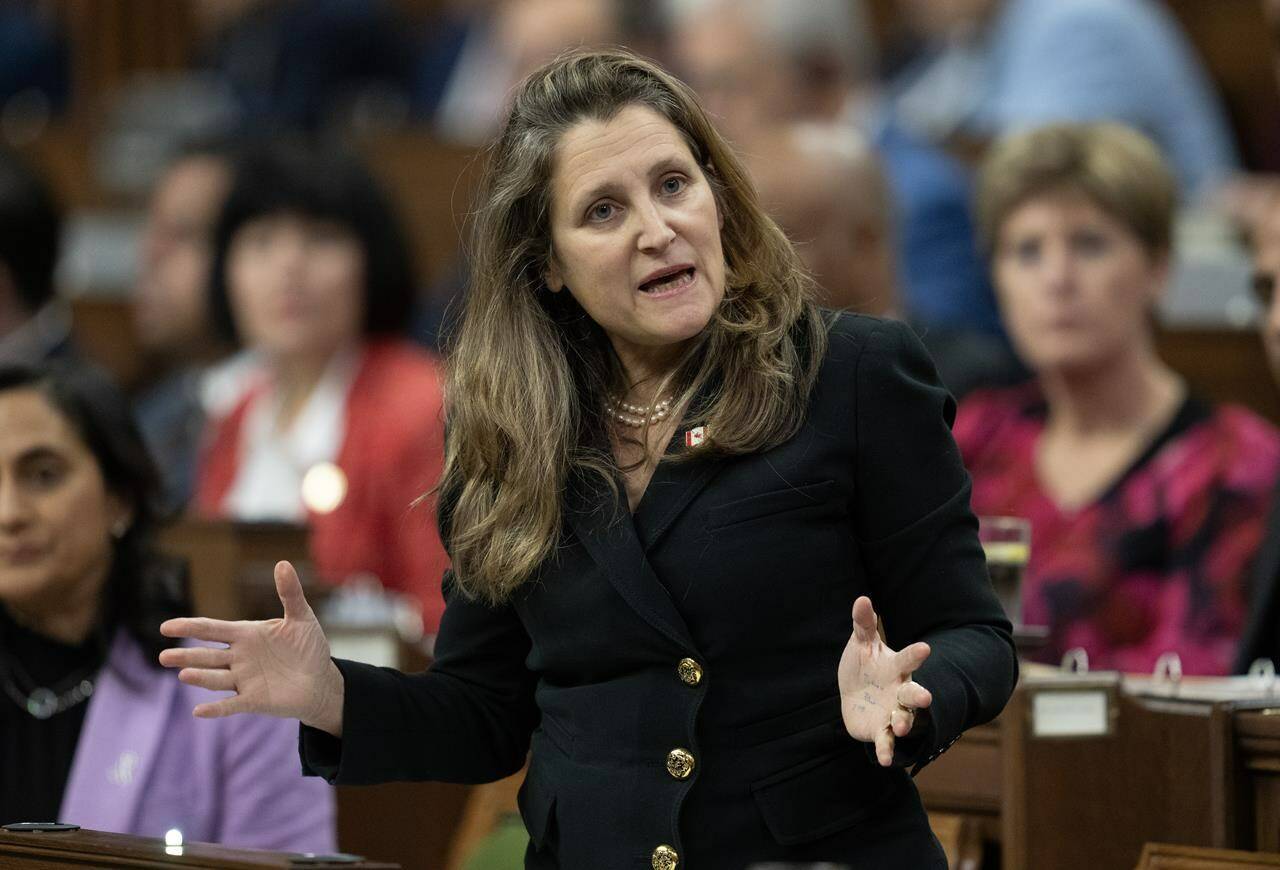 Deputy Prime Minister and Minister of Finance Chrystia Freeland rises during Question Period, in Ottawa, Monday, Dec. 4, 2023. Finance Minister Chrystia Freeland has approved RBC’s $13.5-billion takeover of HSBC Canada despite calls from opposition politicians and other groups to block it.THE CANADIAN PRESS/Adrian Wyld