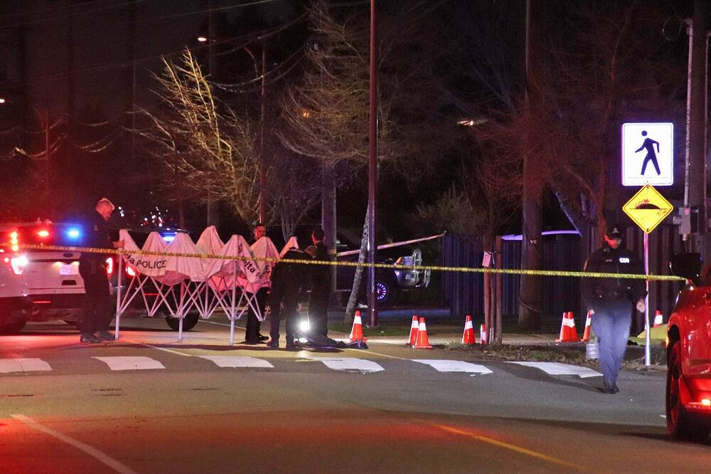A victim of a targeted shooting in the 11100-block of 82nd Avenue in North Delta on Thursday, December 14, 2023 has died. (Shane MacKichan photo)