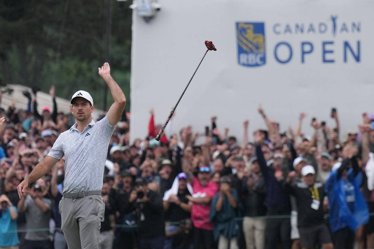 Nick Taylor reacts after winning the Canadian Open championship on the fourth playoff hole against Tommy Fleetwood in Toronto on Sunday, June 11, 2023. Taylor’s putter flip after winning the RBC Canadian Open was the exclamation point on arguably the best year in Canadian golf history. THE CANADIAN PRESS/Nathan Denette