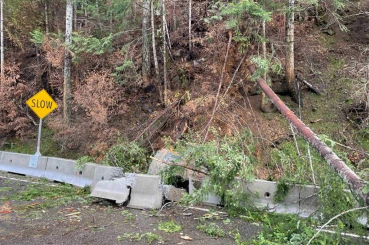 A tree and two boulders were dislodged from Cameron Bluffs, forcing closure of Highway 4 east of Port Alberni on Christmas Day. The road reopend early afternoon on Boxing Day. (Photo courtesy of Ministry of Transportation and Infrastructure)