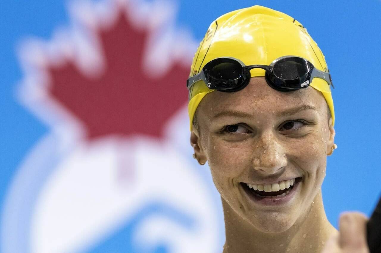 Summer McIntosh smiles after winning the women’s 200-metre individual medley at the Canadian swimming trials in Toronto on Thursday, March 30, 2023. Swimming sensation McIntosh is The Canadian Press female athlete of the year for 2023. THE CANADIAN PRESS/Frank Gunn