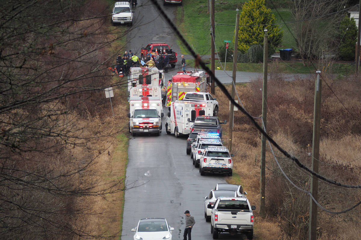 A 14-year-old died of his injuries after the riding lawnmower he was operating collided with a pickup and flipped on a hill south of Nanaimo on Thursday, Dec. 28. (Chris Bush/News Bulletin)