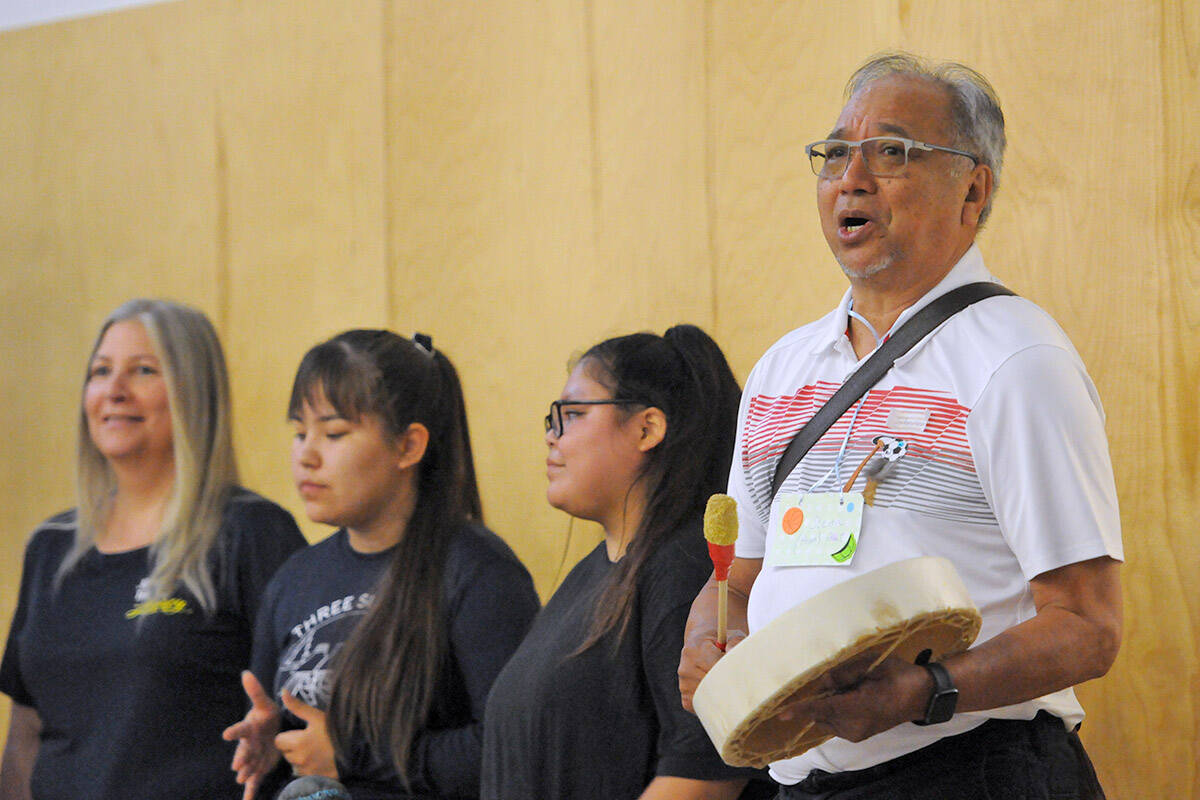 Steven Point sings his song, British Columbia, with students at Chilliwack secondary on Tuesday. (Jenna Hauck/The Progress)