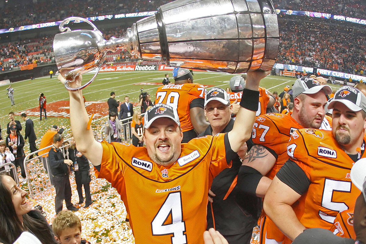Winning a Grey Cup at home for the B.C. Lions - as was the case in 2011 - is one of the things on Moj’s Wish List. Paul McCallum hoists the Grey Cup as a member of the BC Lions in 2011. (File photo)