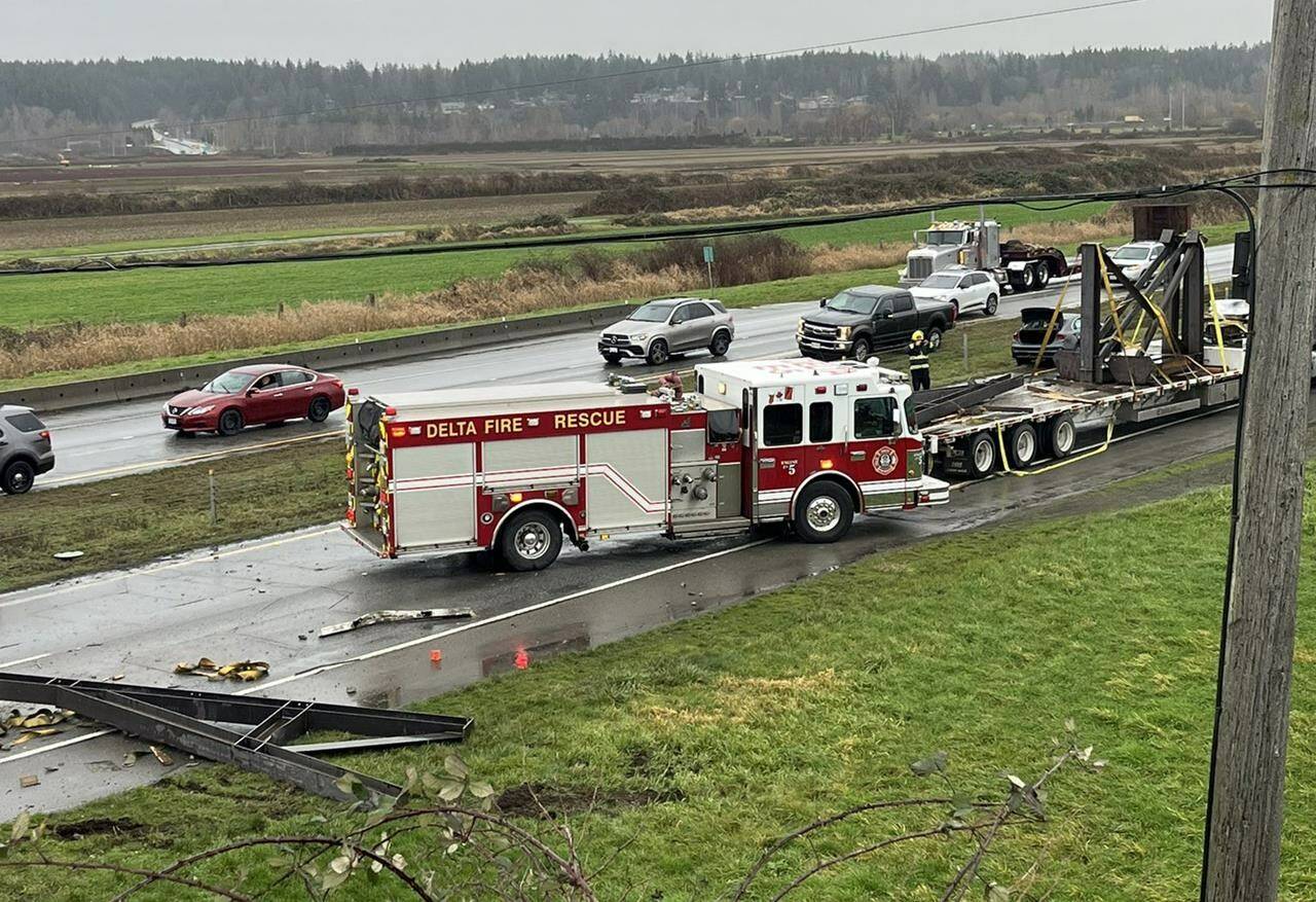 Traffic is slowed on Highway 99 in Delta, B.C., on Thursday Dec. 28, 2023. Delta Fire and Rescue says a truck struck the Highway 99 overpass in Delta, B.C., causing the disruption. THE CANADIAN PRESS/HO-Greg Cruse **MANDATORY CREDIT**