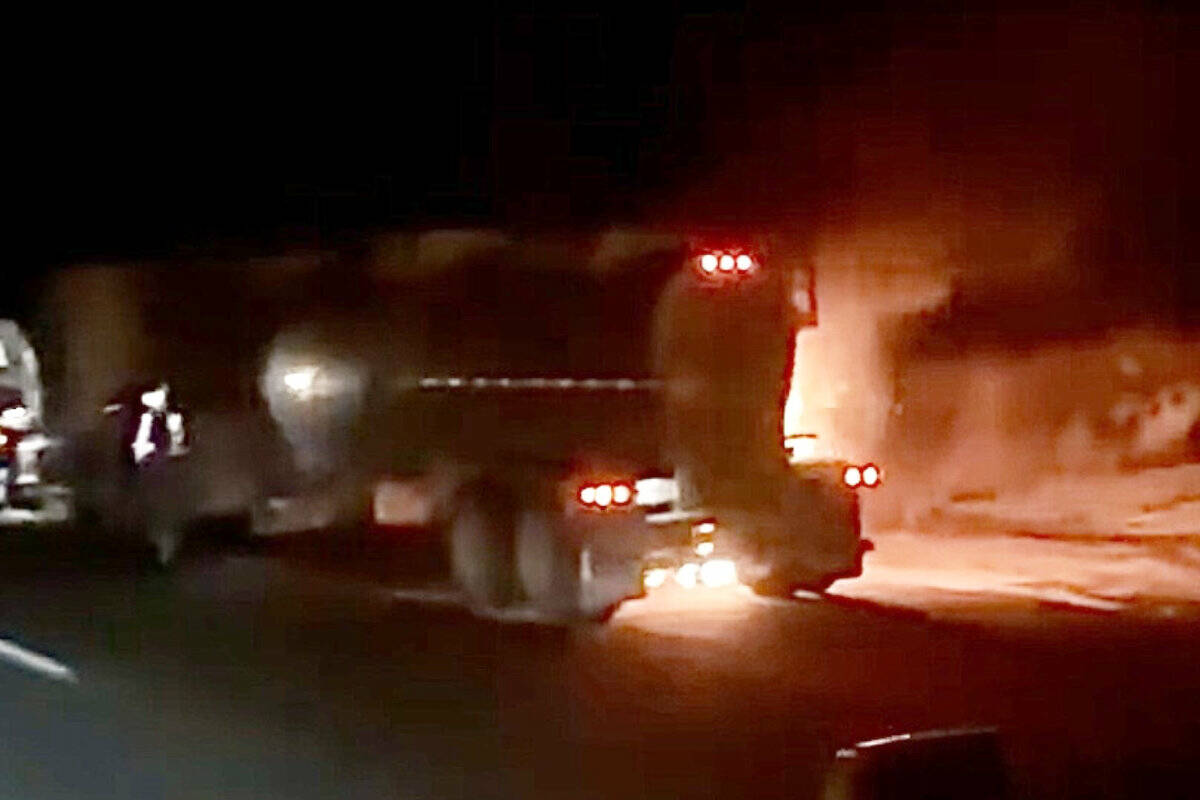 A tanker caught fire north of Clinton on Friday evening closing Highway 97. (Image courtesy of Skilled Truckers Canada)