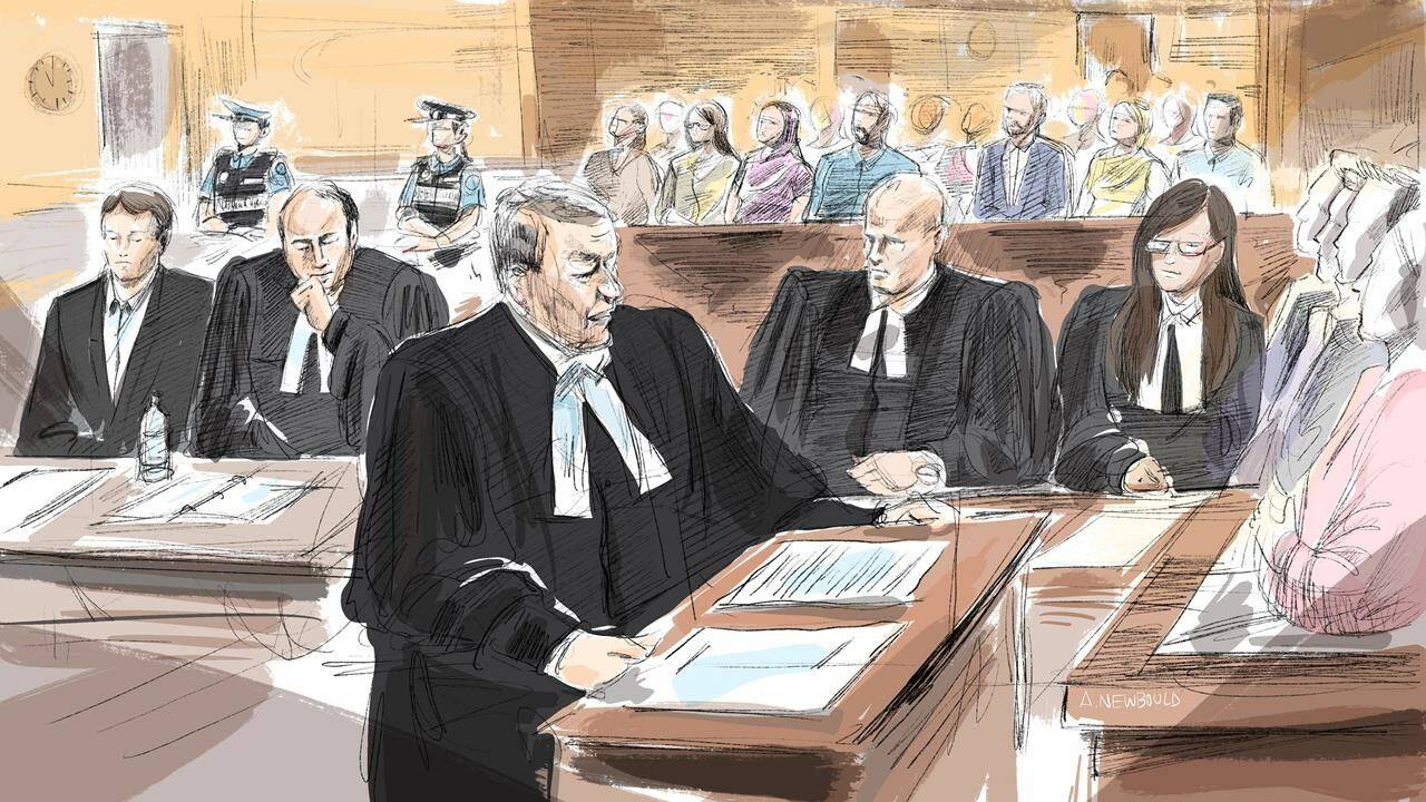 <div>The jury at the trial of a man accused of killing four members of a Muslim family in London, Ont., has reached a verdict. Nathaniel Veltman, left to right, defence lawyer Peter Ketcheson, defence lawyer Christopher Hicks, crown attorney Fraser Ball, crown attorney Sarah Shaikh and members of the jury attend Veltman’s trial in Windsor, Ont. on Tuesday, Nov.14, 2023 in a courtroom sketch. THE CANADIAN PRESS/Alexandra Newbould</div>