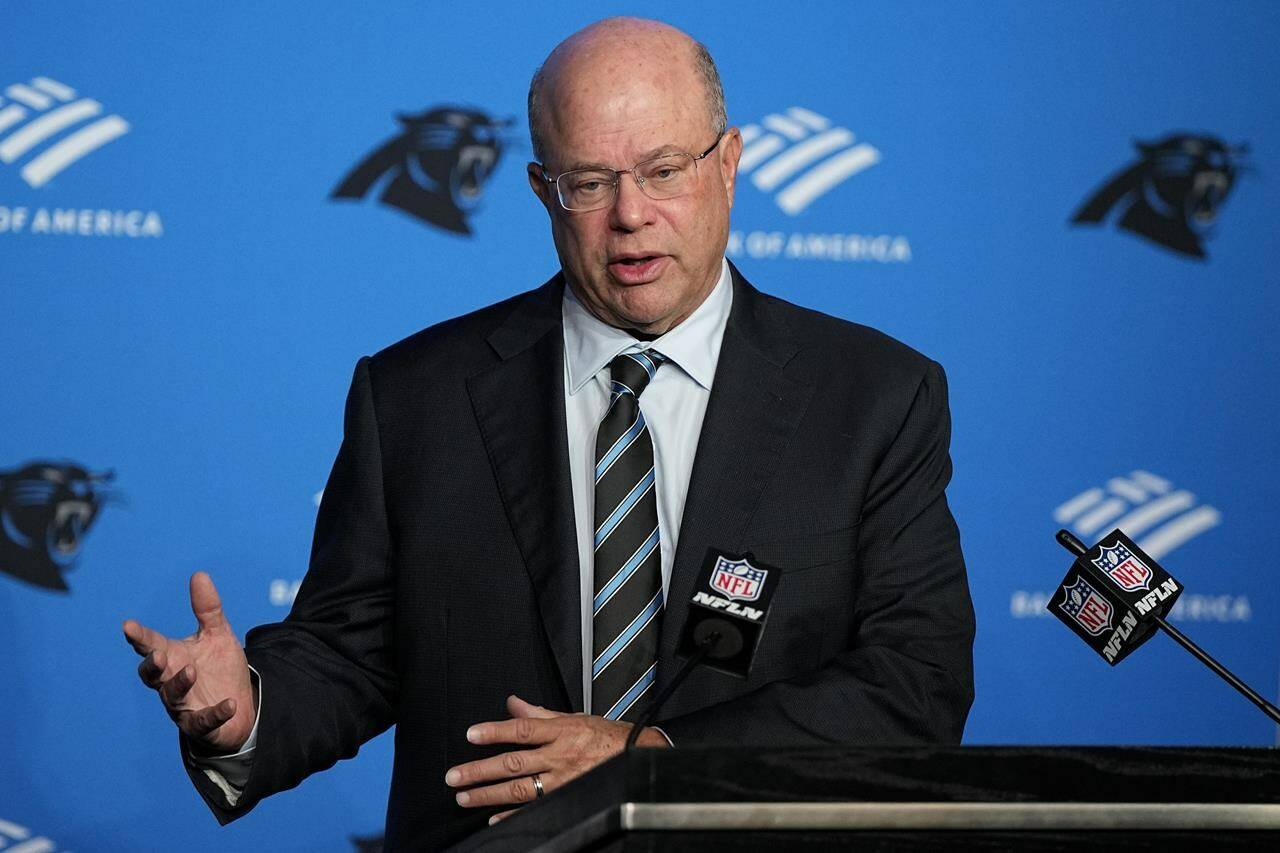 FILE - Carolina Panthers owner David Tepper speaks during an NFL football news conference Tuesday, Nov. 28, 2023, in Charlotte, N.C. Tepper now finds himself embroiled in a public relations nightmare after a video surfaced of the billionaire allegedly throwing the contents of a drink at a fan from his club suite following a 26-0 loss to the Jacksonville Jaguars on Sunday, Dec. 31, 2023.(AP Photo/Chris Carlson, File)