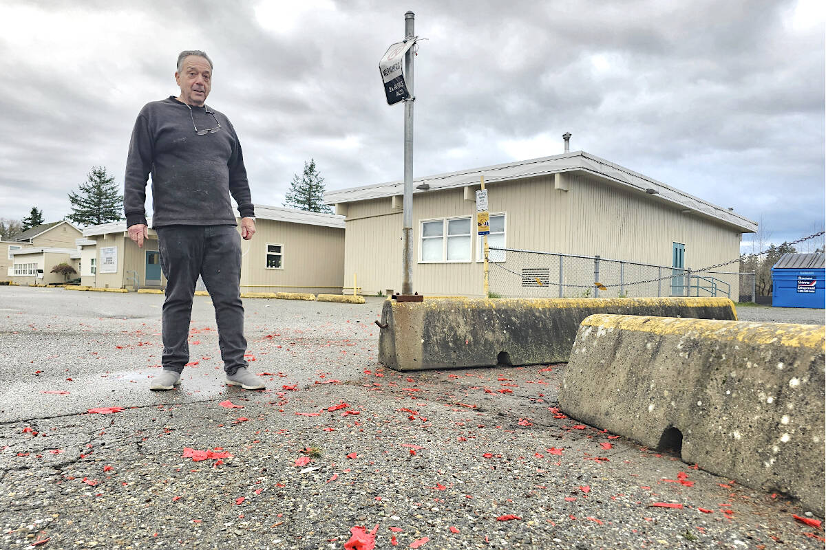 In the 10 years he’s lived near Langley’s Glenwood Elementary school, David Loiselle has come to expect the popping sounds of fireworks being set off in the school playground. This year, a blast rocked the neighbourhood, broke school windows, twisted a sign out of shape, scorched concrete dividers, and left bits of plastic scattered in the school parking lot. (Dan Ferguson/Langley Advance Times)