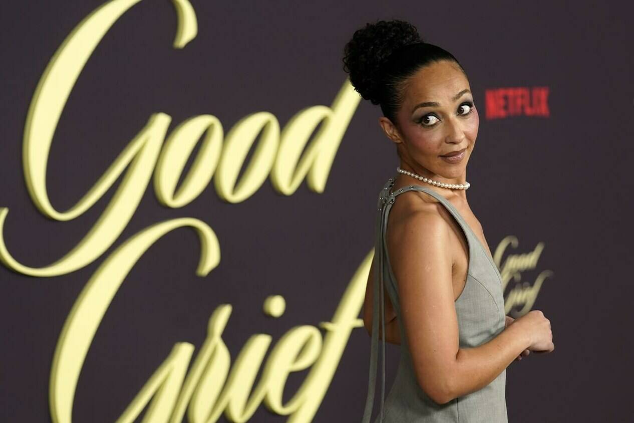 Ruth Negga, a cast member in “Good Grief,” turns back at the premiere of the Netflix film at the Egyptian Theatre, Tuesday, Dec. 19, 2023, in Los Angeles. (AP Photo/Chris Pizzello)