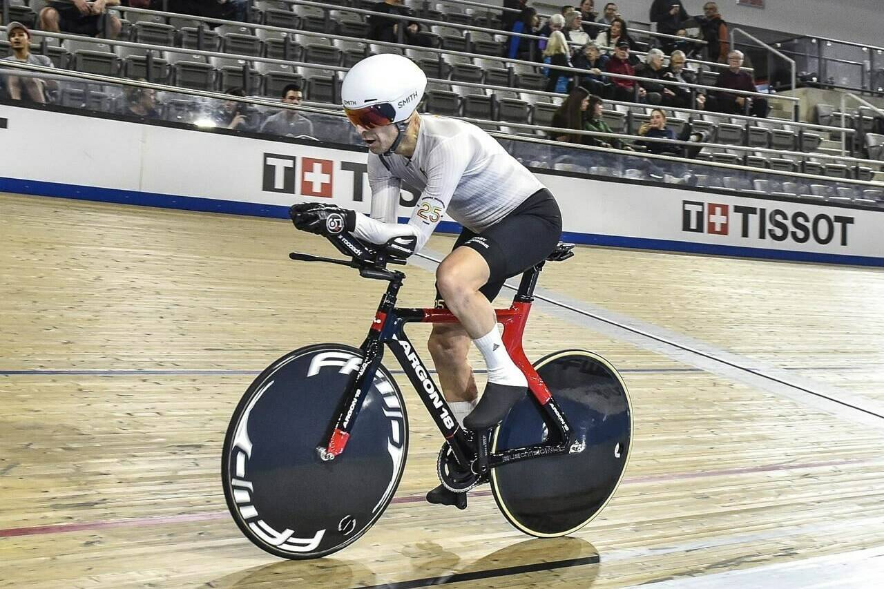 Jonathan Lyons, a 65-year-old rider from Bowen Island, B.C., is shown in action at the Canadian Track Championships in Milton, Ont., in a Saturday, Jan. 6, 2024, handout photo. THE CANADIAN PRESS/HO-Canadian Cyclist, Robert Jones