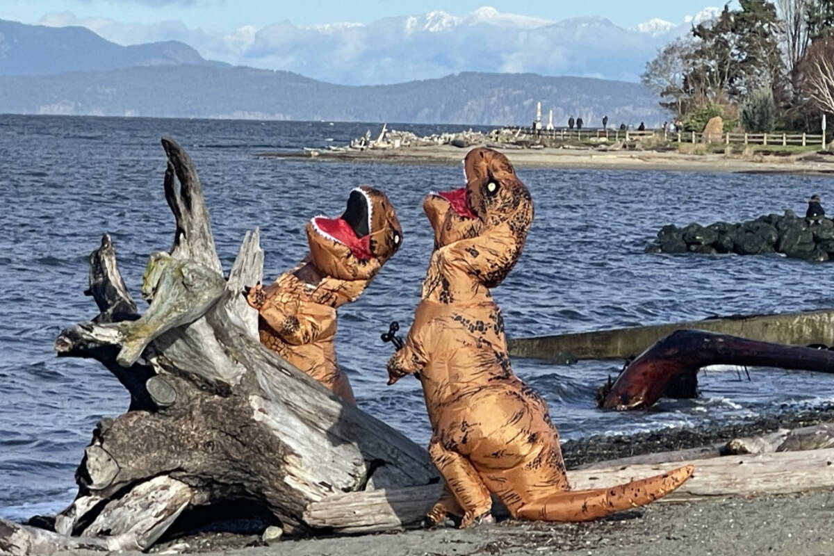 Vienna Matthews and Jordan King don their T. rex costumes and drew a lot of attention at the Parksville Community Park on Saturday, Jan. 6. (Michael Briones photo)