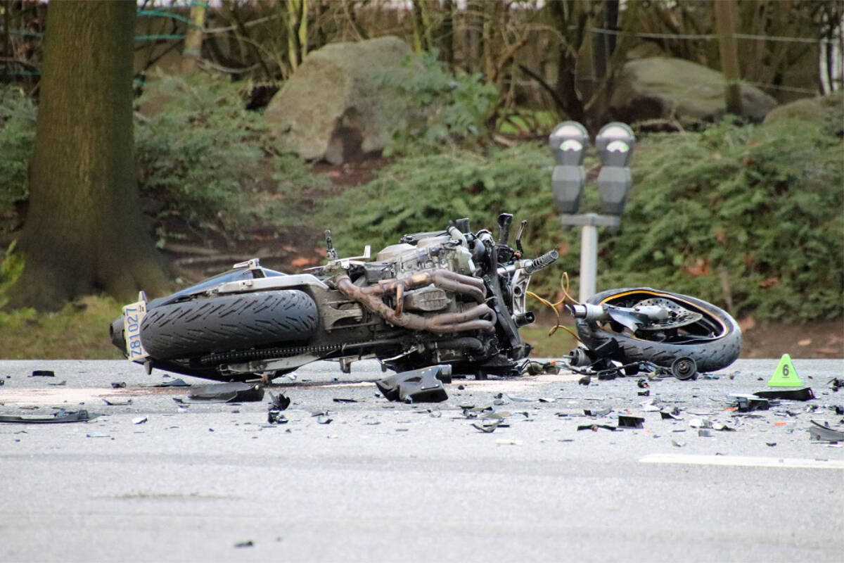 A 54-year-old motorcyclist died in hospital following a crash at the intersection of Grange Street and Chaffey Avenue in Burnaby on Saturday, January 6, 2023. (Credit: Shane MacKichan)