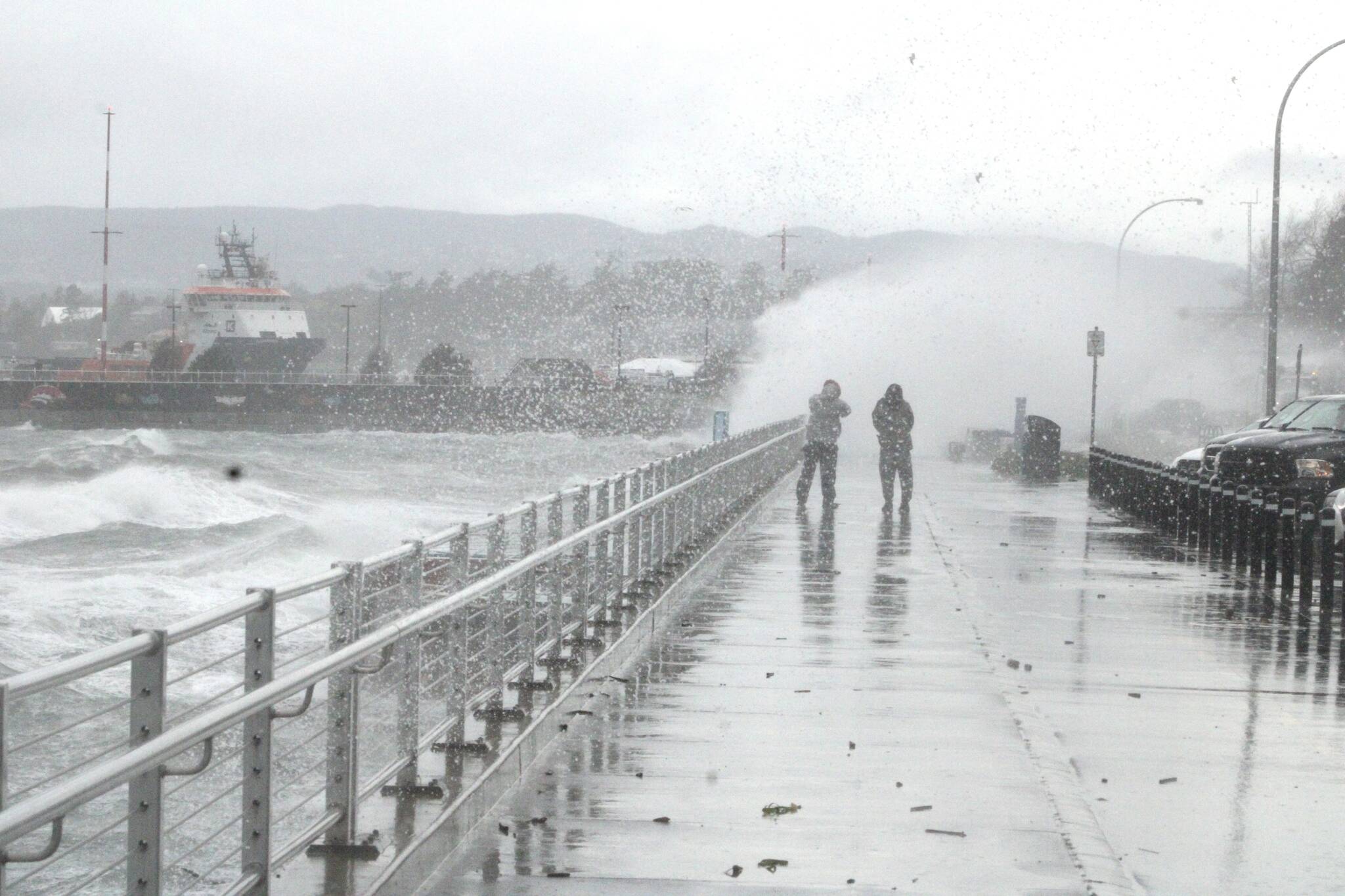 Waves wash over Dallas Road and storm watchers in Victoria on Jan. 9. Wind and waves prompted the Greater Victoria Harbour Authority to close both upper and lower paths of The Breakwater. (Jake Romphf/News Staff)