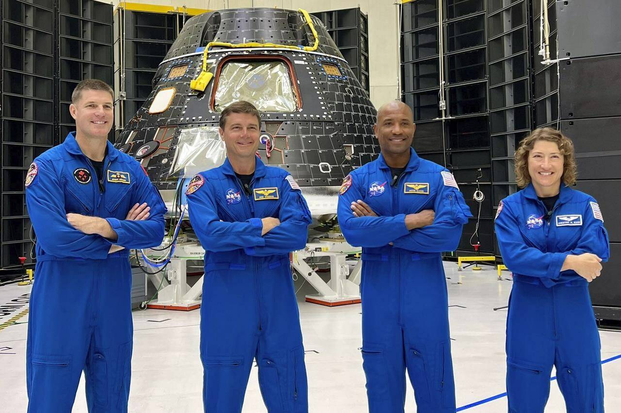 This photo posted on X, formerly known as Twitter, on Tuesday, Aug. 8, 2023, shows astronauts, from left, Jeremy Hansen, Reid Wiseman, Victor Glover and Christina Koch. THE CANADIAN PRESS/AP-NASA via AP