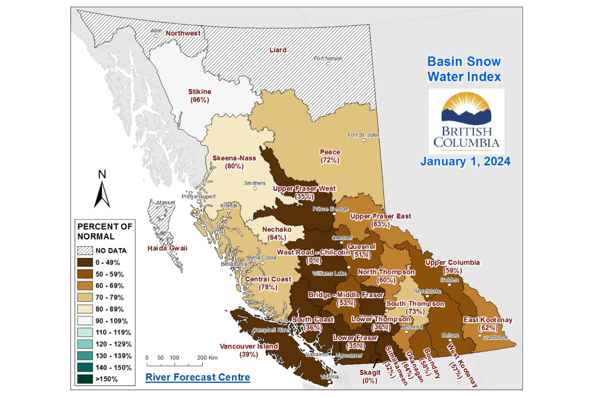 Snow levels are below normal in British Columbia, according to the province’s Jan. 1 statistics. (River Forecast Centre map)