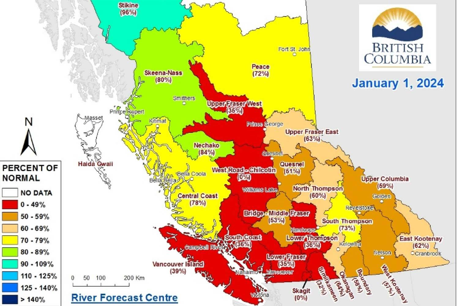 This partial map of B.C. shows the snow pack for provincial water basis. The redder the region, the lower the snow pack as of Jan. 1. (Screencap)