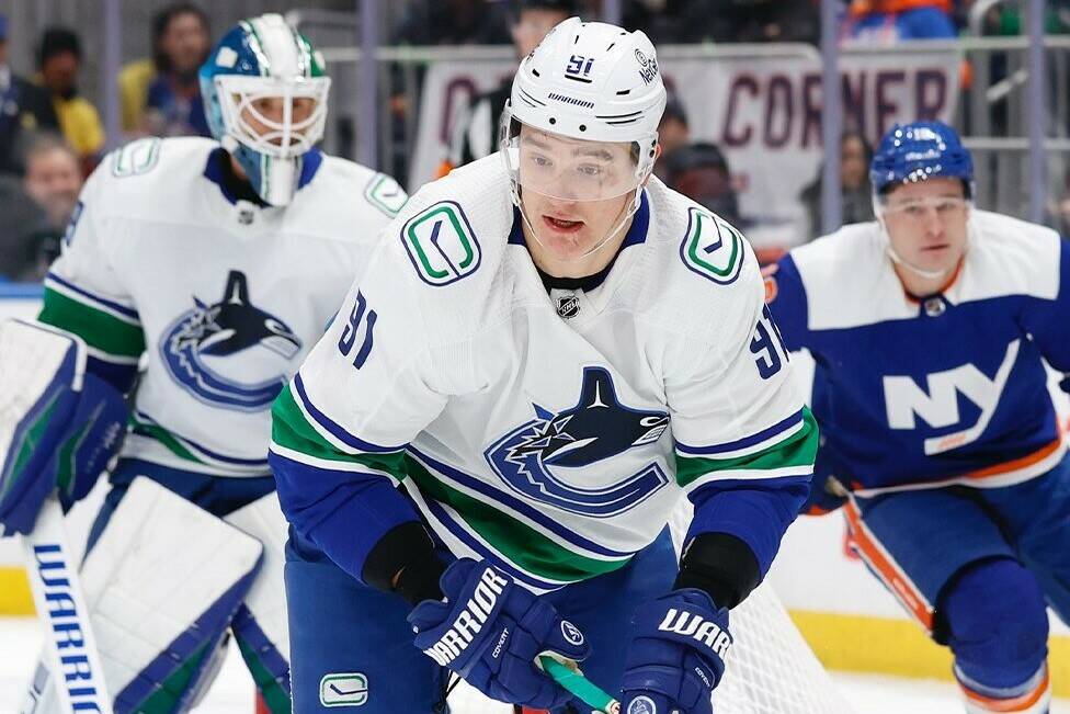 Vancouver defenseman Nikita Zadorov, shown here in Tuesday night’s 5-2 win against the Islanders in New York, has been one the pieces acquired in the team’s blueline overhaul. Vancouver Canucks photo
