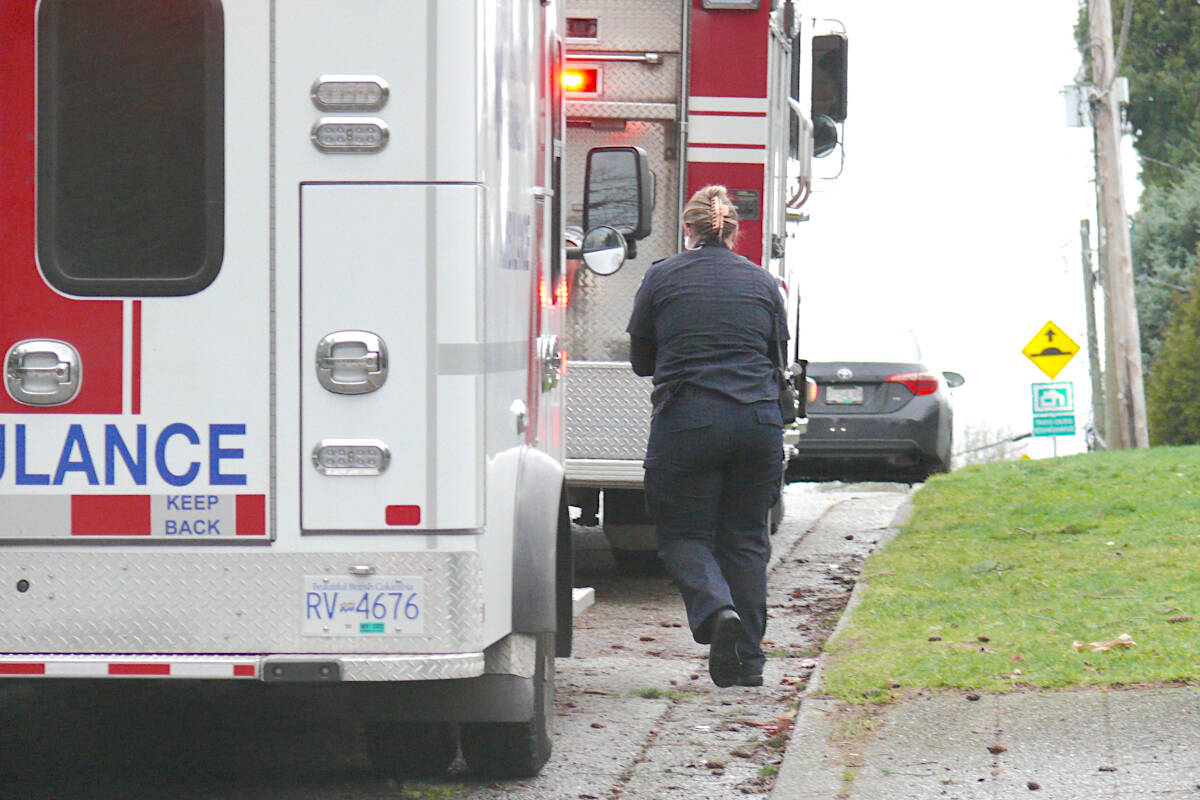 BC Emergency Health Services paramedics responded after police arrested a man following a bicycle chase in Langley City on Jan. 10. The man had a pre-existing injury. (Dan Ferguson/Langley Advance Times)