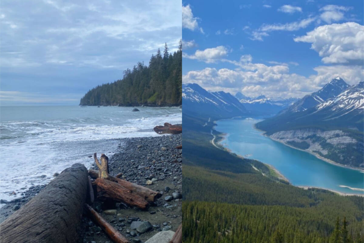 Views from Sombrio Beach on Vancouver Island, B.C. (left) versus the scenery from Wasootch Ridge in Kananaskis, Alberta (right).
