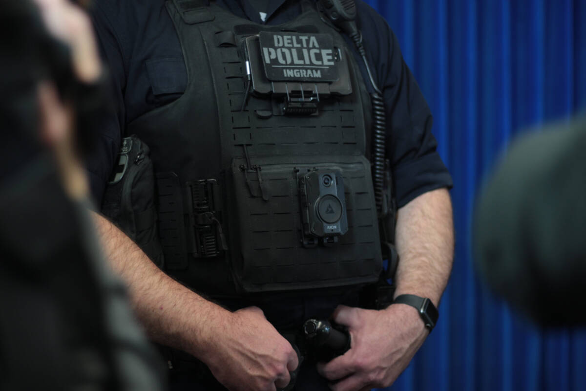 Delta Police Department Sgt. Jim Ingram wears one of the detachment’s body-worn cameras at the B.C. RCMP ‘E’ Division headquarters in Surrey on Jan. 11, 2024. The B.C. Associations of Chiefs of Police were touting the current and future roll out of of body-worn cameras in B.C. (Lauren Collins)