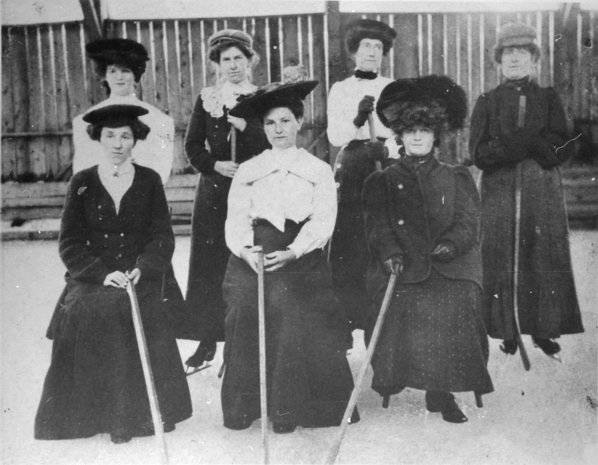 The Lardeau region was one of the earliest areas in the B.C. interior to take to the booming sport of ice hockey, as shown here by this portrait of the Ferguson women’s hockey team, 1907. Do you know when the Canadian Women’s Hockey League was formed? (AL Historical Society)