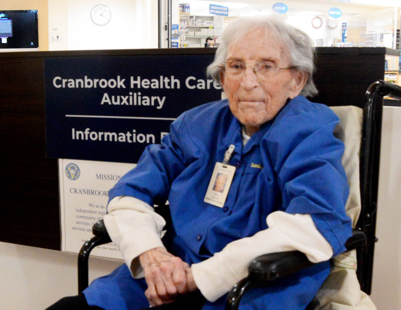 Edith Rose, who marked her 102nd birthday on December 30, 2023, came down to work a shift on the Cranbrook Health Care Auxiliary Information Desk at the East Kootenay Regional Hospital on Monday, Jan. 8. (Barry Coulter photo)